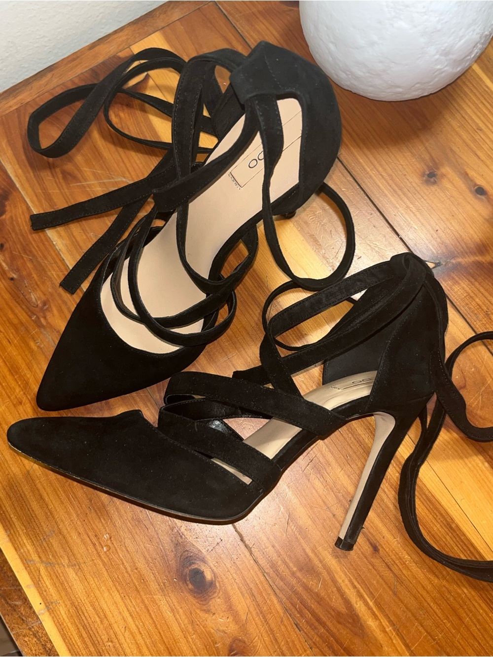 Unelilian Black Suede Strappy Lace Up Stiletto Heels Pumps 7.6W EUC